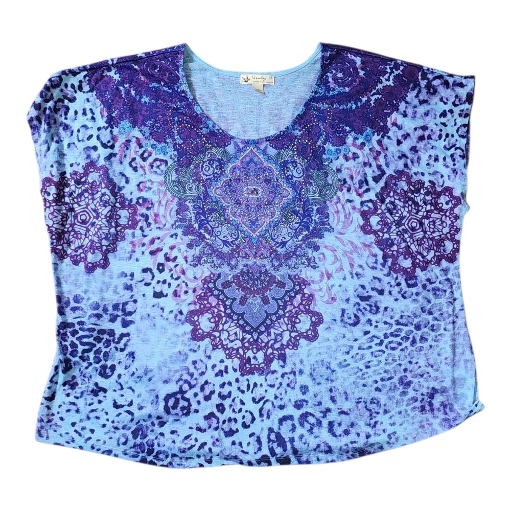 Unity Top Womens Plus Size 3X Blue Purple Jeweled Animal Print Artsy Colorful